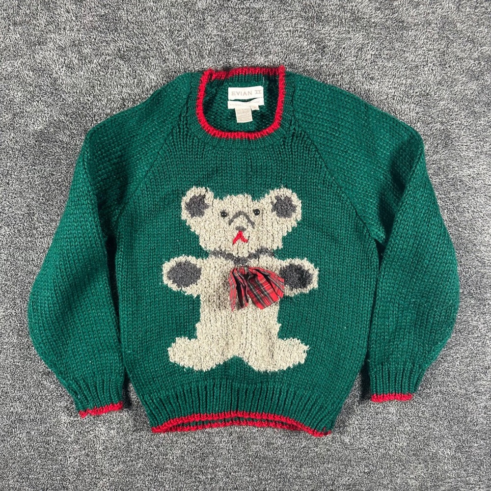 Evian II Sweater Women M Green Teddy Bear Plaid Bow Vintage Chunky Knit Pullover